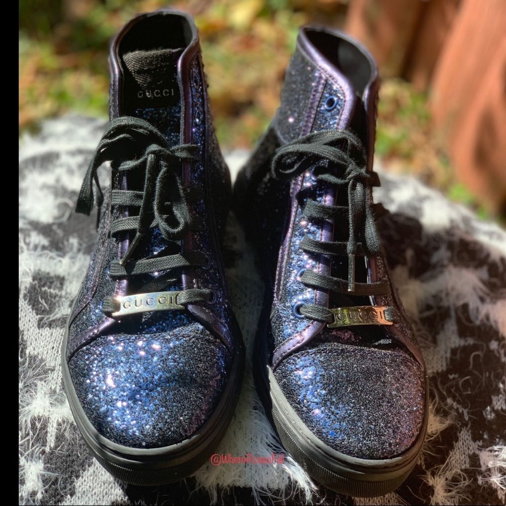 Gucci Blue Glitter High Top Sneakers Women’s size 6.5 RARE Statement Shoes
